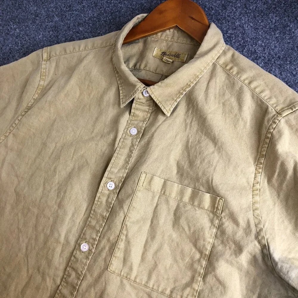 Madewell Shirt Mens Large Oatmeal Brown Linen Blend Short Sleeve Button - Picture 1 of 8